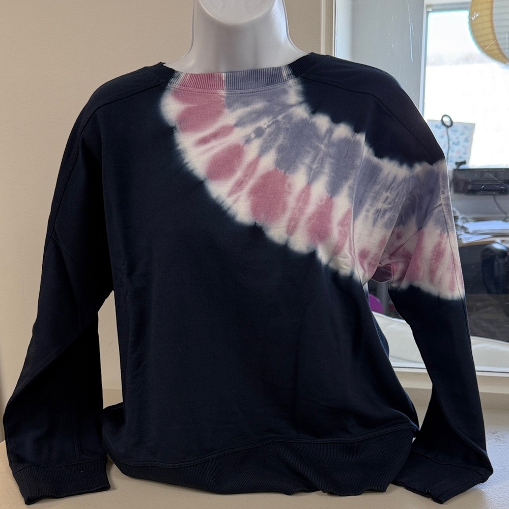 J. Jill Navy Tie-Dye Crewneck Sweatshirt with Pink & Light Blue Yoke